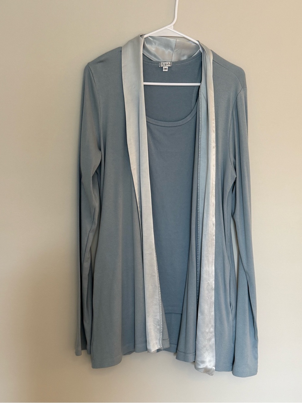 PJ Harlow Blue 3 Piece Satin Lounge Set Cardigan Tank Wide Leg Pants - Picture 8 of 10